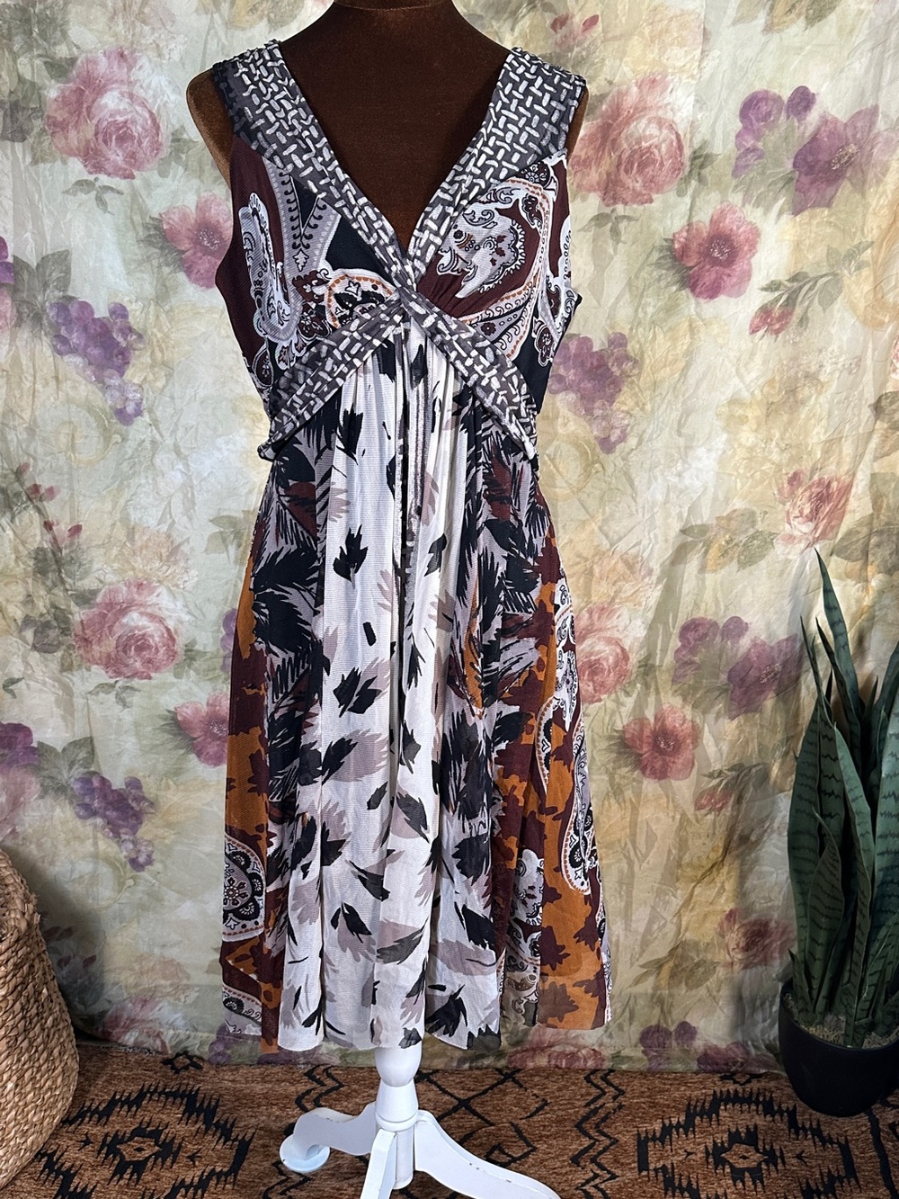 Boho V-Neck Patchwork Midi Dress in Brown & Black